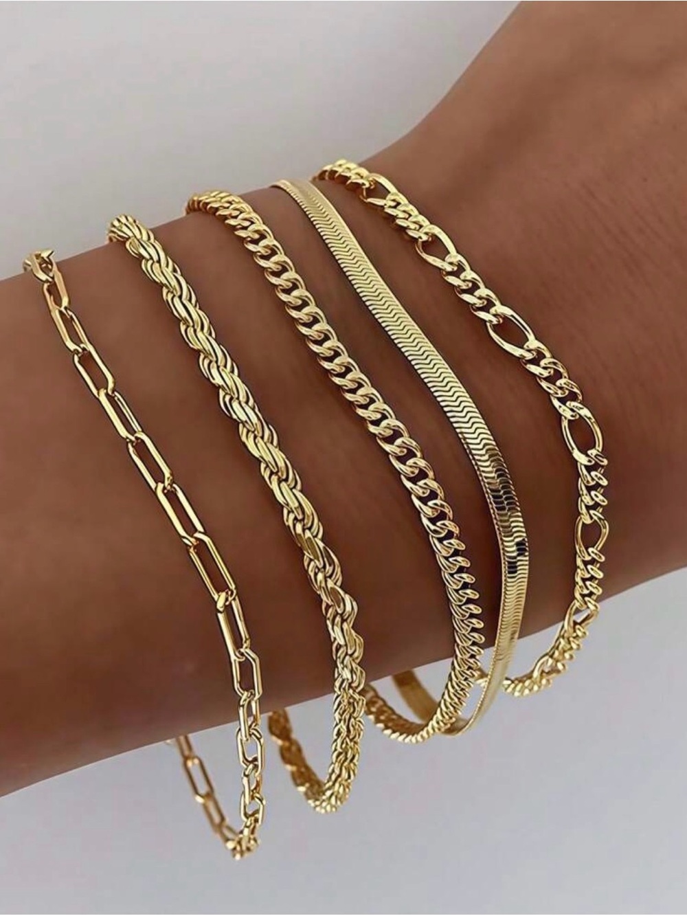 5 piece 14K Gold bracelet set chain link bangles Stack Stackable minimalistic